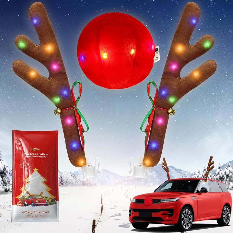 Angooni Charming Christmas Car Decoration, Festive Reindeer Car Kit, Reindeer Antlers & Nose, Christmas Lights for Cars, Nice Gift for Families & Friends, Suitable for Jeeps, Trucks, Golf Carts... - Image 1